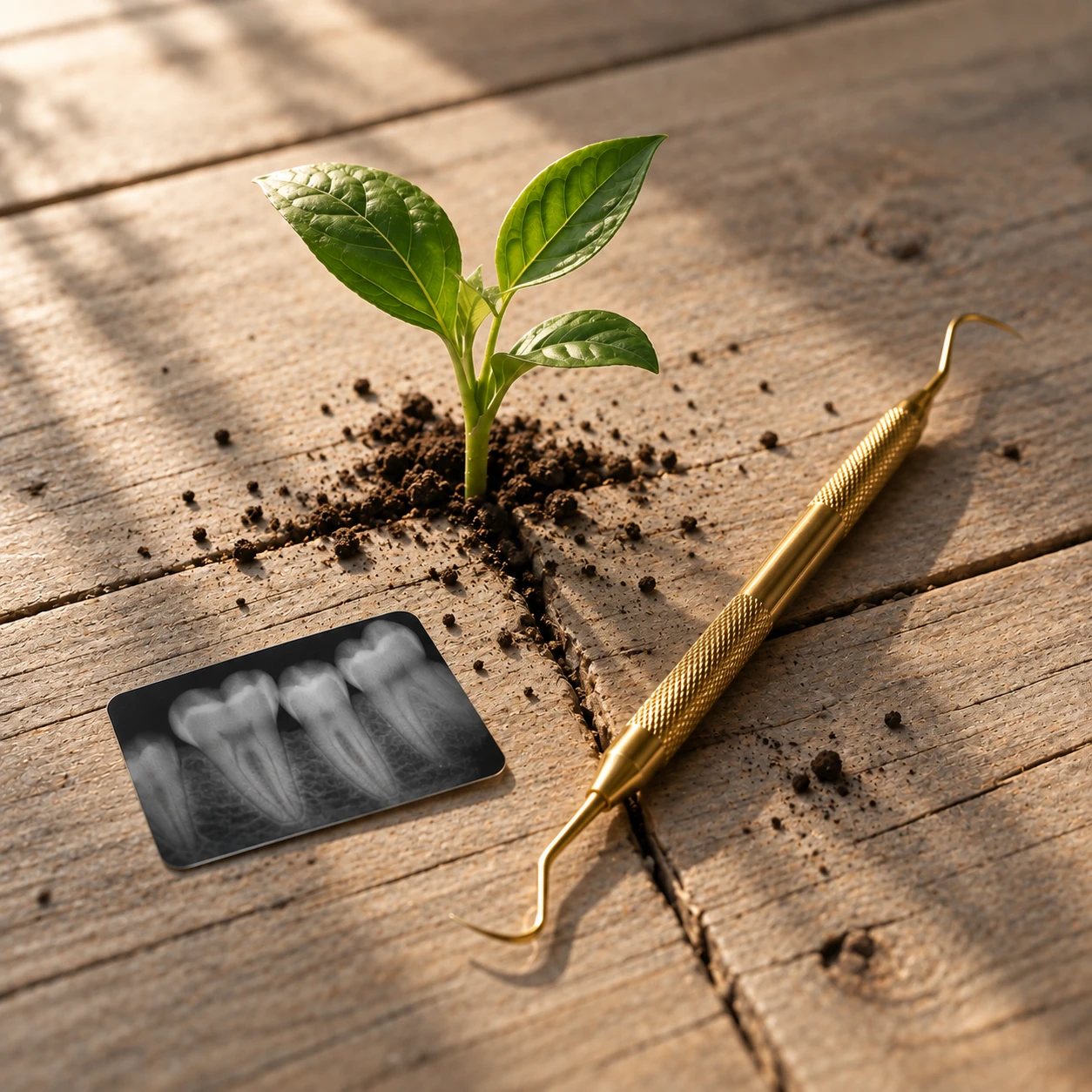 A green seedling pushing up through the joint between white tiles, beside a dental X-ray and a gold dental curette.